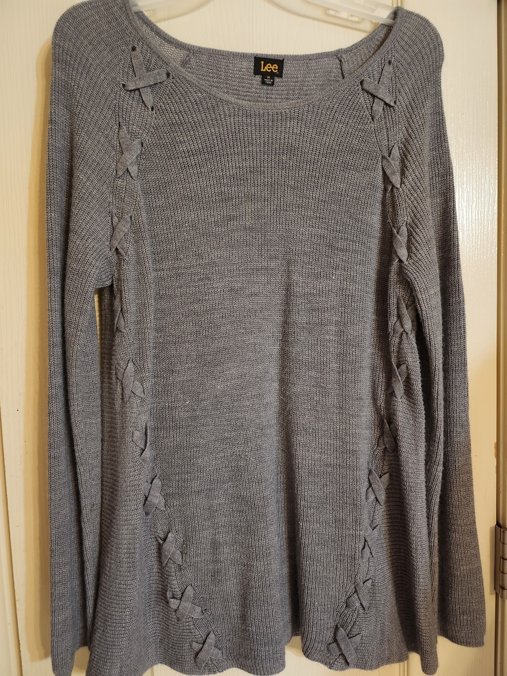 Lee Women's Light Gray Crewneck Sweater with Side Bow Details